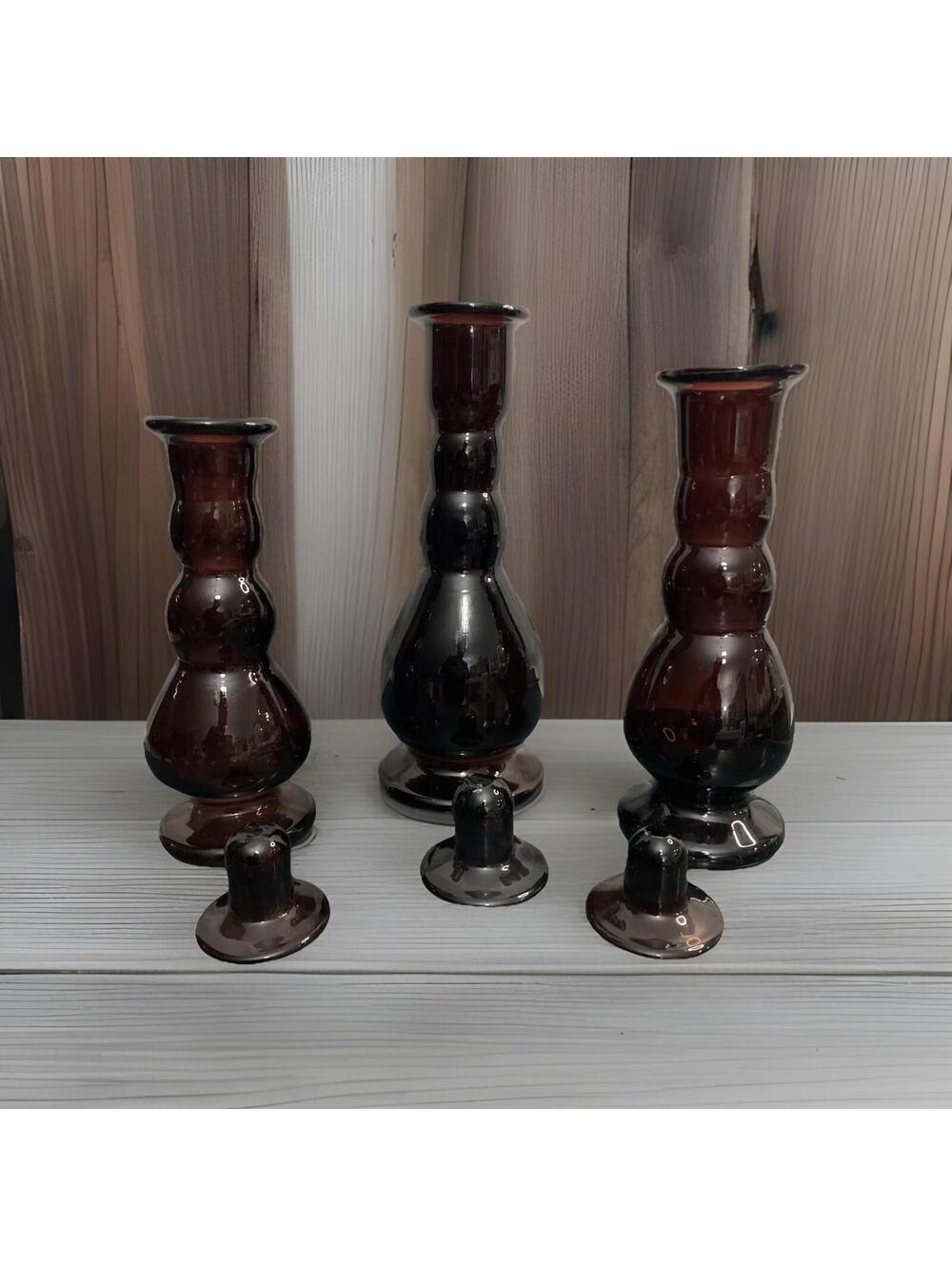 Set Of 3 vintage Tapered Empoli amethyst art glass decanter vases With Stoppers